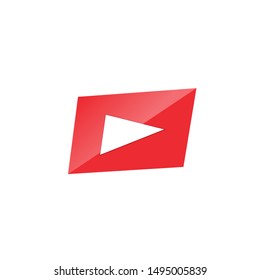 Play button. White Triangle sign over red rectangle, multimedia button template Vector illustration