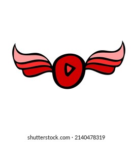 Play button with wings hand drawn vector illustration. Video music sketch symbol isolated on white background. Music festival element. Social work, business start, blog design element
