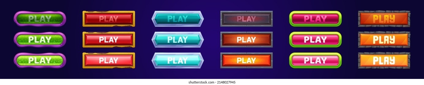 Play buttons for game menu interface. Vector cartoon set of active, hover and normal glossy buttons with frame of rusty iron, jelly with bubbles, stone bricks and old metal