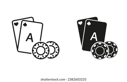 Play Card with Poker Chip, Casino Roulette in Vegas Line and Silhouette Black Icon Set. Gamble Game Symbol Collection. Lucky Gambling, Blackjack, Bridge, Poker Sign. Isolated Vector Illustration.