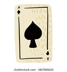 Play card spades isolated on white background. Vintage abstract design card in color black. Doodle style vector illustration.