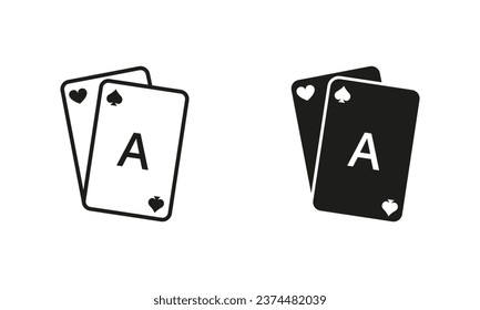 Play Card Symbol Collection. Playing Bridge, Black Jack, Royal Poker Pictogram. Game Card Deck Line and Silhouette Black Icon Set. Gambling Addiction Sign. Isolated Vector Illustration.