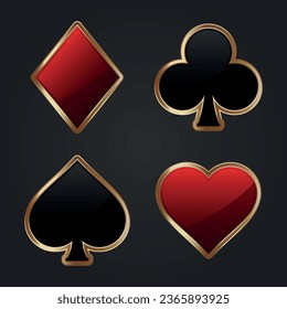 Play card symbol suit vector icons with golden frames. Poker hearts, clubs, spades and diamonds.