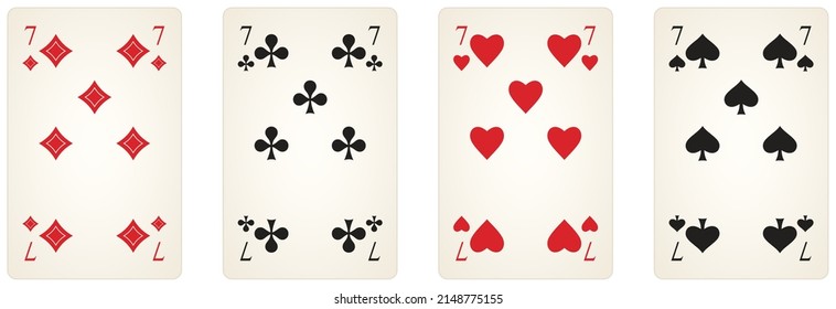 Play Card Symbol vector set with Number seven in diamonds, spades, clubs and Heart. White isolated background.
Logo illustration with all related seven in red and black. 