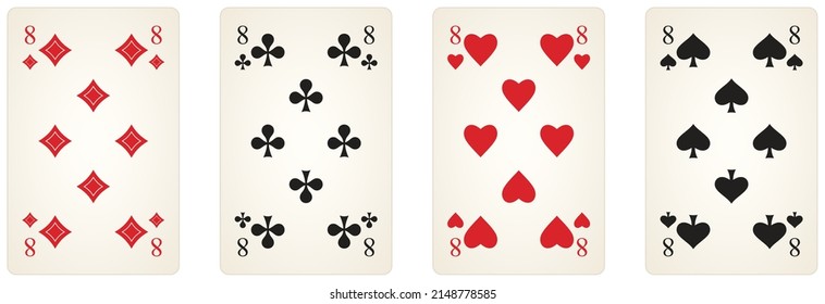 Juego de vectores de símbolo de la tarjeta Play con el número ocho en diamantes, espadas, palos y corazón. Fondo blanco aislado.
Ilustración con todos los ocho relacionados en rojo y negro. 