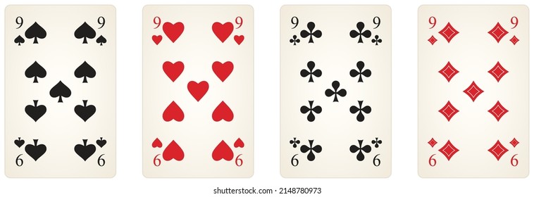 Play Card Symbol vector set with Number nine in diamonds, spades, clubs and Heart. White isolated background.
Logo illustration with all related nine in red and black. 