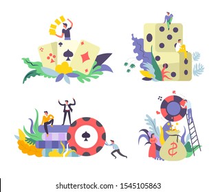 Play cards and dice, poker chips and money sack, casino gambling isolated icons vector. Stakes and betting, blackjack game, prize or jackpot win. Risk and fortune or luck, gamblers or players