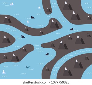 play carpet for children's playroom or Playground. seamless sea background with fjords, whale and sharks, mountains. Seamless play map illustration