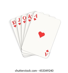 Play casino gambling. Winning poker hand. Royal flush of hearts.  Isolated vector illustration on white background.