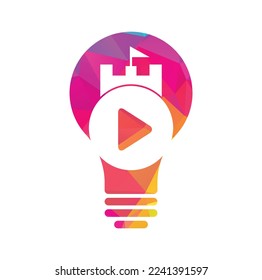 Play castle bulb shape concept logo design. Button play and castle vector logo combination. Record and tower symbol or icon.
