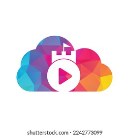 Play castle cloud shape concept logo design. Button play and castle vector logo combination. Record and tower symbol or icon.