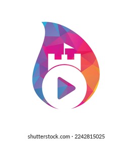 Play castle drop shape concept logo design. Button play and castle vector logo combination. Record and tower symbol or icon.