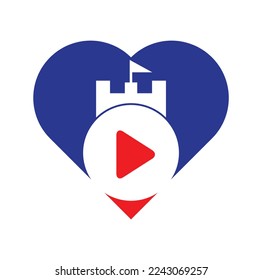 Play castle heart shape concept logo design. Button play and castle vector logo combination. Record and tower symbol or icon.	