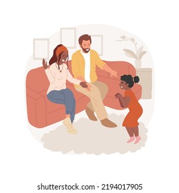 Play charades isolated cartoon vector illustration. Family playing charades, child making funny pose, parents laughing, leisure time at home, people sitting in the living room vector cartoon.