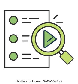 Play in Checklist Icon representing media task management, content checklist, and search functionality.