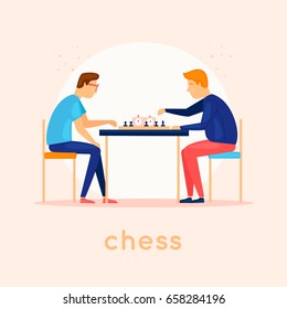 Play Chess. Characters. Flat Design Vector Illustration.