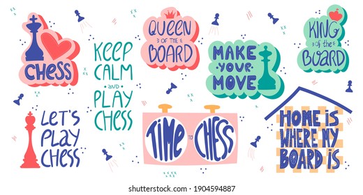 Play chess hand drawn letterings set. Motivational chess slogan, inspirational quote with chess figures, chess clock, chessboard. Hobby and leisure activity concept. T shirt, sticker, poster design