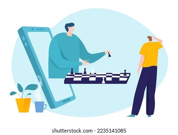 Play chess in internet, vector illustration, tiny man player character use online game with checkmate, huge smartphone with guy play at chessboard