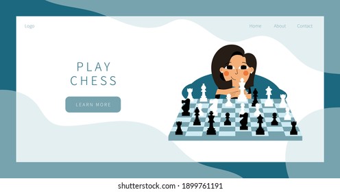 Play chess landing page. Cute girl plays chess. Young woman competing in chess. Leisure activity concept. Girl sitting with chessboard and chess figures. Woman thinking about next best move.