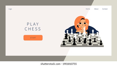 Play chess landing page. Cute girl plays chess. Young woman competing in chess. Leisure activity concept. Girl sitting with chessboard and chess figures. Woman thinking about next best move