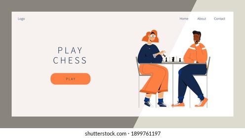 Play chess landing page. Man and woman competing in chess together. Leisure activity concept. Couple sitting at the table with chessboard and figures. Chess tournament at chess club.