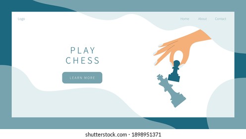 Play chess landing page. Woman hand holding white pawn. During chess game woman use pawn chess piece to crash the opposite team black king figure. Checkmate. Win in chess game.