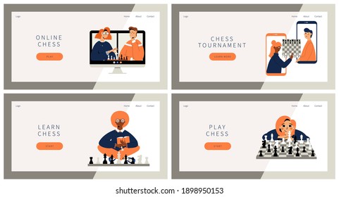 Play chess set of landing pages. Two people plays chess online from computer and smartphones. Girl sitting cross legs with chessboard, figures and book. Girl sitting with chessboard and chess figures.