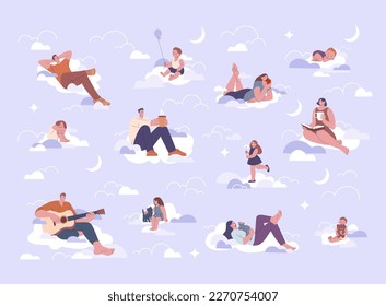 Play in clouds. Children and adults sitting and resting on fluffy clouds with book, drinks and cats. Creativity thinking, dreaming and sleeping kicky vector set