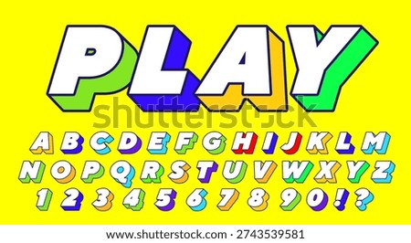 Play Colorful 3D Font - White Alphabet with Multicolor Extruded Letters on Yellow