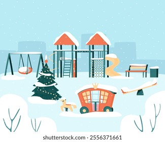 Play complex for children in winter. Fun games outside. Gazebo-carriage for princesses, horse, fun slides, elegant Christmas tree, everything covered with snow. Flat vector illustration