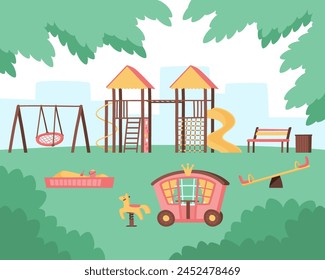 Play complex for a princess girl in the park. Fun games outside. A gazebo-carriage with a princess horse, fun slides and a sandbox with a canopy. Flat vector illustration