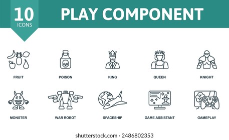 Play component outline icons set. Creative icons: fruit, poison, king, queen, knight, monster, war robot, spaceship, game assistant, gameplay.