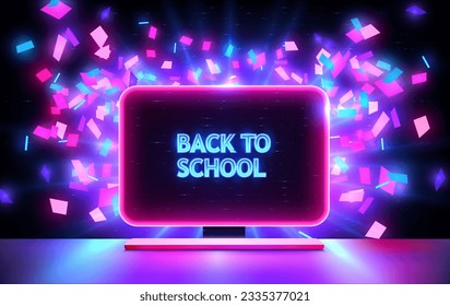 Play Computer game. Portable neon computer with a blank screen and a desk in a dark room with blue lighting. Tech cartoon frame title back to school. Neon template background for Education and study