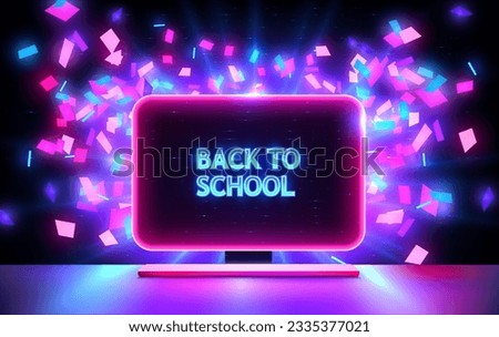 Play Computer game. Portable neon computer with a blank screen and a desk in a dark room with blue lighting. Tech cartoon frame title back to school. Neon template background for Education and study