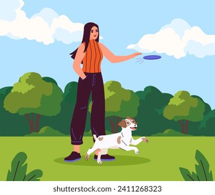 Play with dog outdoor concept. Woman with puppy in city park in sunny day. Young girl throws blue frisbee. Active liestyle and leisure with domestic animal. Cartoon flat vector illustration