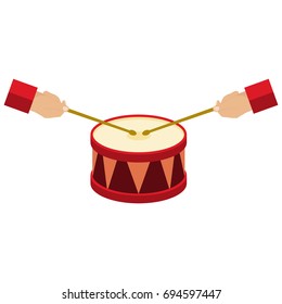 Play the drum, hands hold the drumsticks, the drum icon. Flat design, vector illustration, vector.