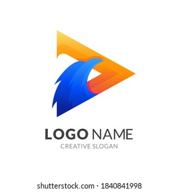 play eagle logo, play and eagle, combination logo with 3d blue and yellow color style