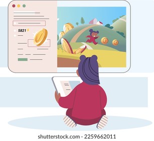 Play to earn concept with girl playing computer game with character runs in natural landscape for coins. Metaverse, game finance technology. Person playing online games with laptop, smartphone