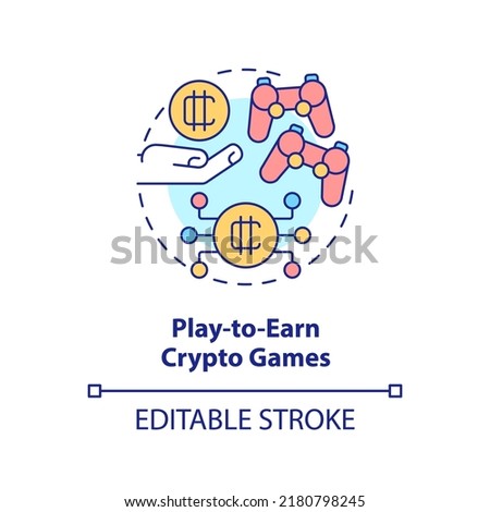 Play to earn crypto games concept icon. Way to make money on cryptocurrency abstract idea thin line illustration. Isolated outline drawing. Editable stroke. Arial, Myriad Pro-Bold fonts used