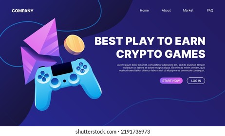 Play to Earn. Crypto Games Horizontal Web Banner. Landing Page Illustration. Vector illustration