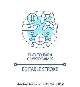 Play to earn crypto games turquoise concept icon. Way to make money on cryptocurrency abstract idea thin line illustration. Isolated outline drawing. Editable stroke. Arial, Myriad Pro-Bold fonts used