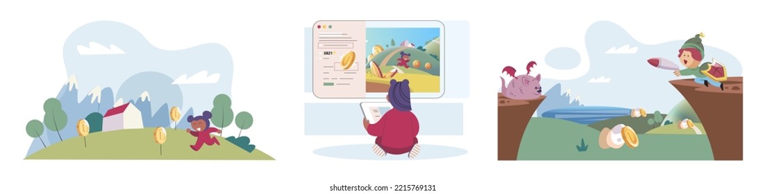 Play to earn games created on basis of blockchain project with elements of NFT, main purpose of earning. Player earn money by playing. Virtual character development business. Cryptocurrency game.
