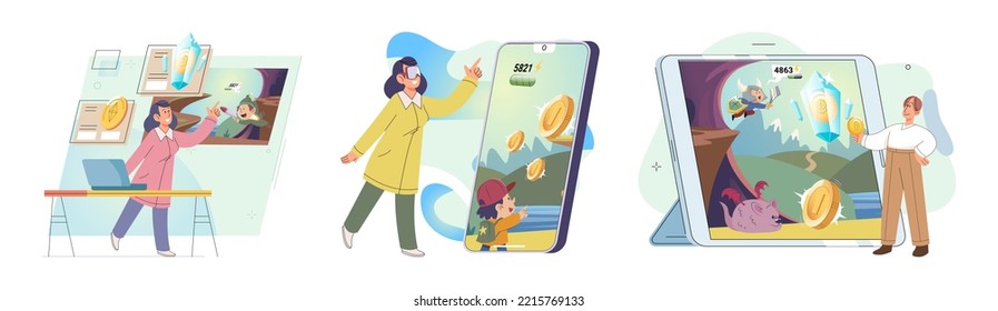 Play to earn games created on basis of blockchain project with elements of NFT, main purpose of earning. Player earn money by playing. Virtual character development business. Cryptocurrency game.