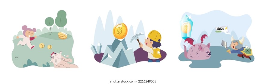 Play to earn games created on basis of blockchain project with elements of NFT, main purpose of earning. Player earn money by playing. Virtual character development business. Cryptocurrency game.