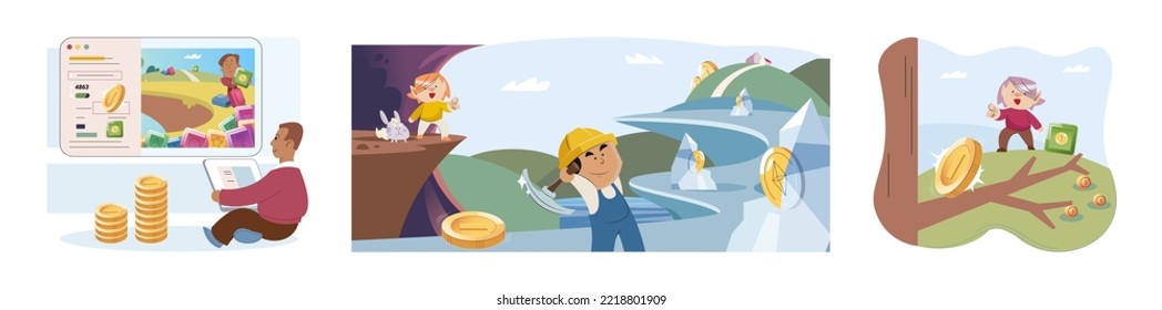 Play to earn games created on basis of blockchain project with elements of NFT, main purpose of earning. Player earn money by playing. Virtual character development business. Cryptocurrency game.