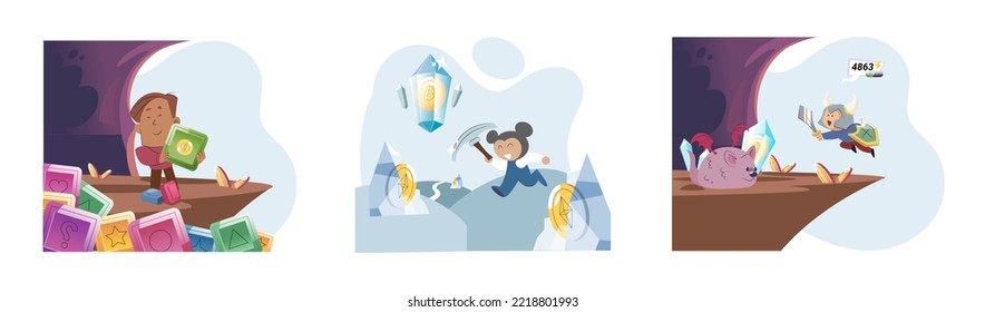 Play to earn games created on basis of blockchain project with elements of NFT, main purpose of earning. Player earn money by playing. Virtual character development business. Cryptocurrency game.