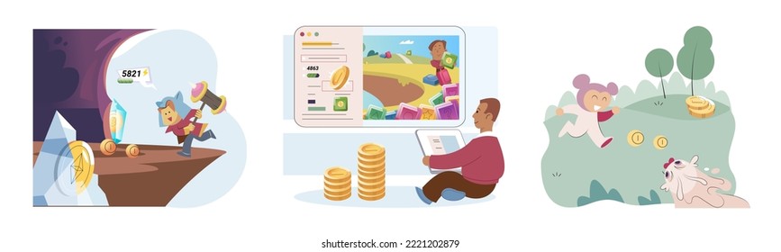 Play to earn games created on basis of blockchain project with elements of NFT, main purpose of earning. Player earn money by playing. Virtual character development business. Cryptocurrency game.