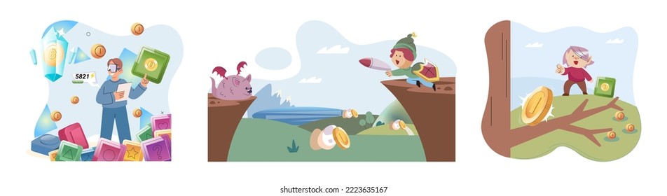 Play to earn games created on basis of blockchain project with elements of NFT, main purpose of earning. Player earn money by playing. Virtual character development business. Cryptocurrency game.