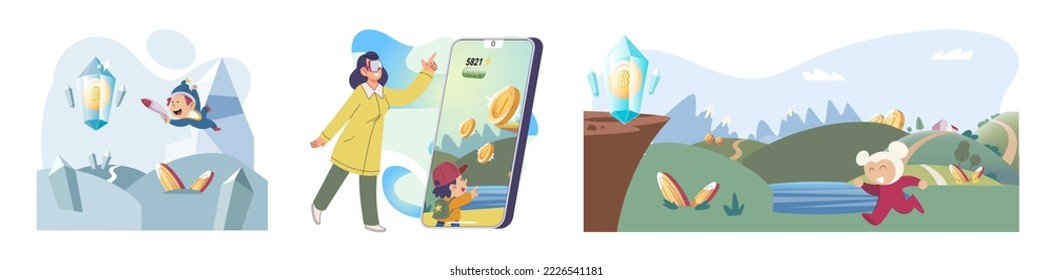 Play to earn games created on basis of blockchain project with elements of NFT, main purpose of earning. Player earn money by playing. Virtual character development business. Cryptocurrency game.