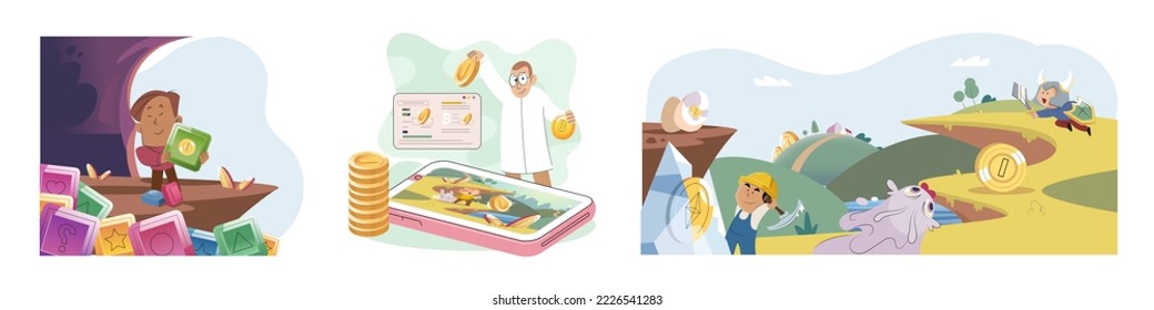 Play to earn games created on basis of blockchain project with elements of NFT, main purpose of earning. Player earn money by playing. Virtual character development business. Cryptocurrency game.